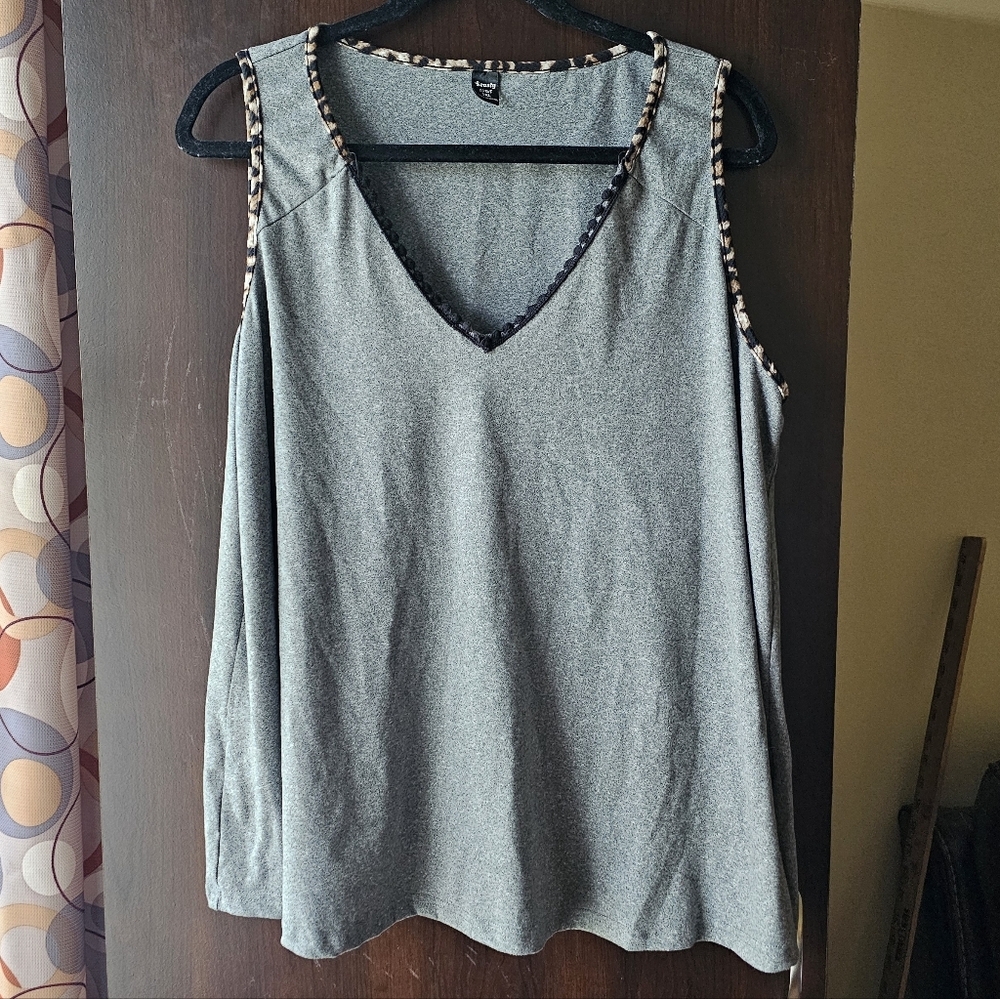 Gray Sleeveless Women's Top With Animal Print Trim